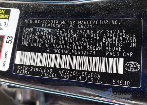 2021 Toyota Camry Xse z USA, uszkodzony, nr VIN 4T1K61AK2MU602471